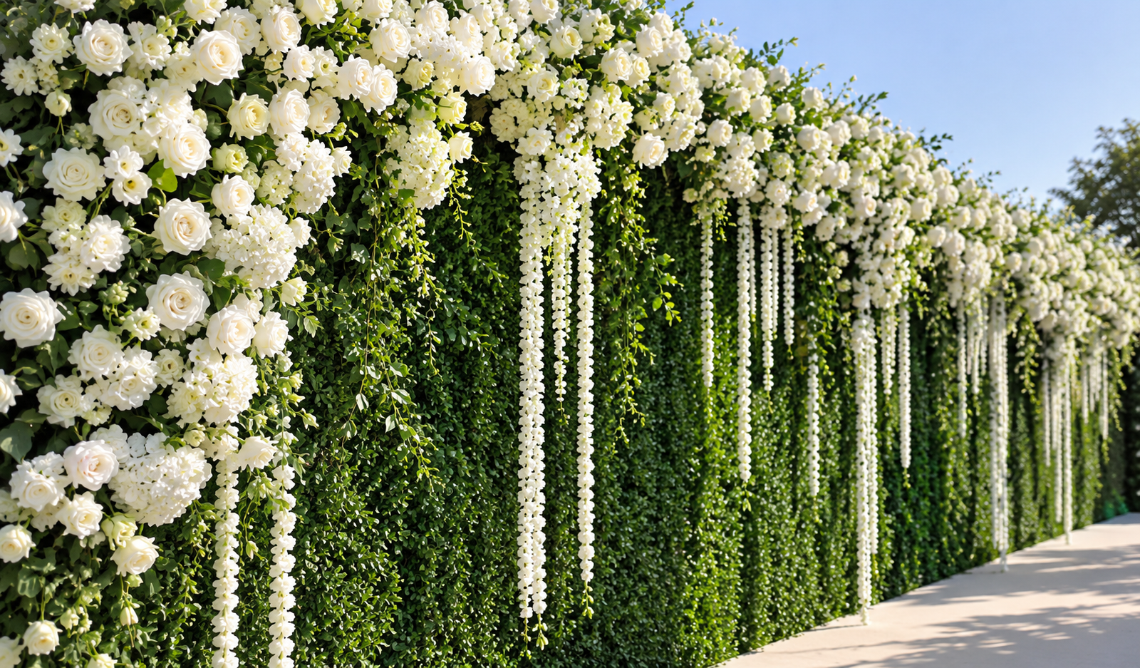 Large-scale wedding floral installation with white and green arrangements