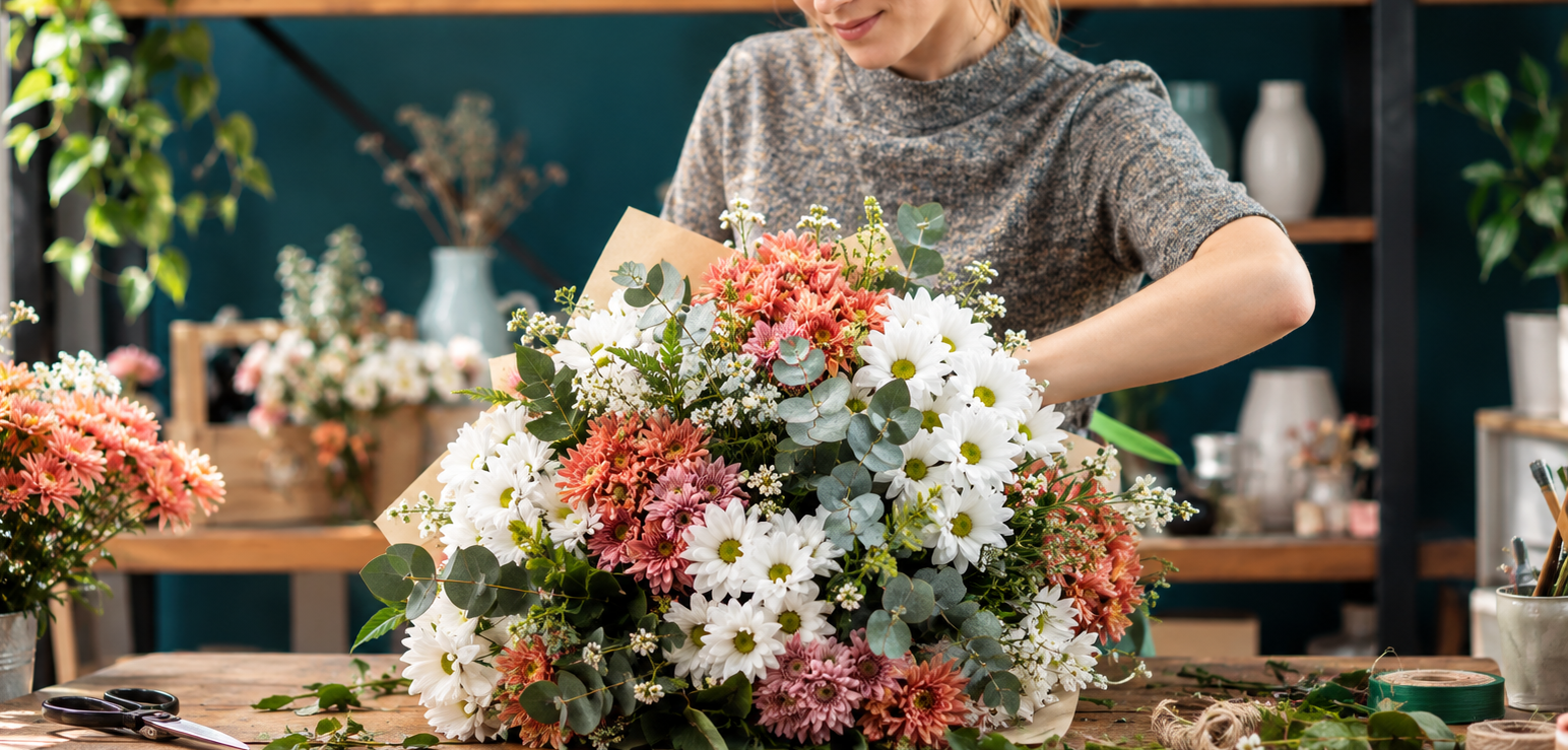 Florist hand-building a custom mixed flower arrangement