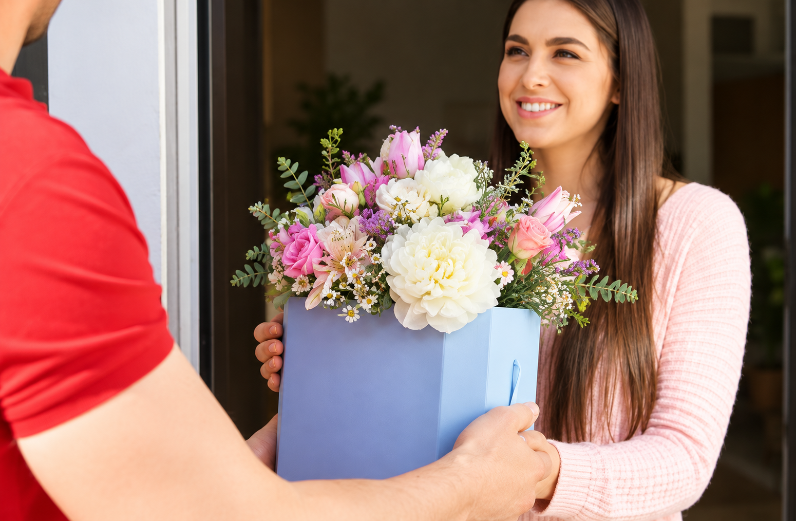 Customer receiving a fresh bouquet delivery at their front door