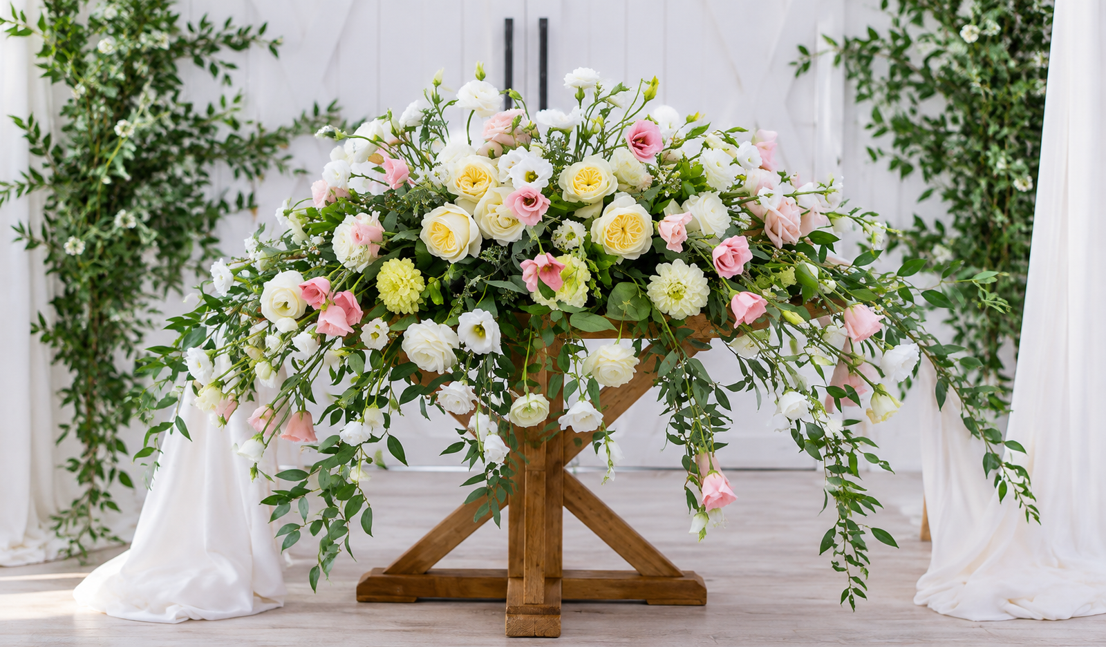 Wedding reception venue decorated with bulk floral arrangements